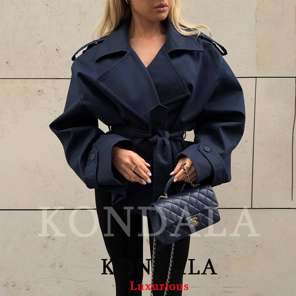 KONDALA Vintage Casual Chic Damenjacken Einfarbig mit Umlegekragen Doppelreihig mit Gürtel Kurze Mäntel Mode 2026 Festtagsjacken