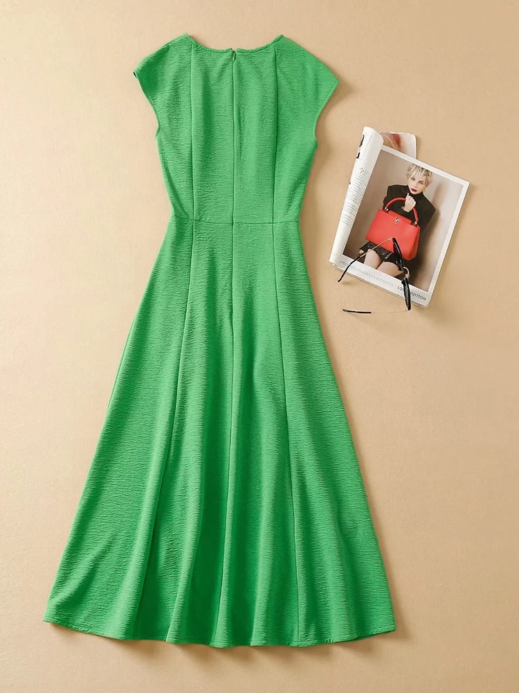 Delocah-vestido Midi de verano de alta calidad para mujer, elegante vestido de fiesta sin mangas con bolsillos, estampado verde, retazos