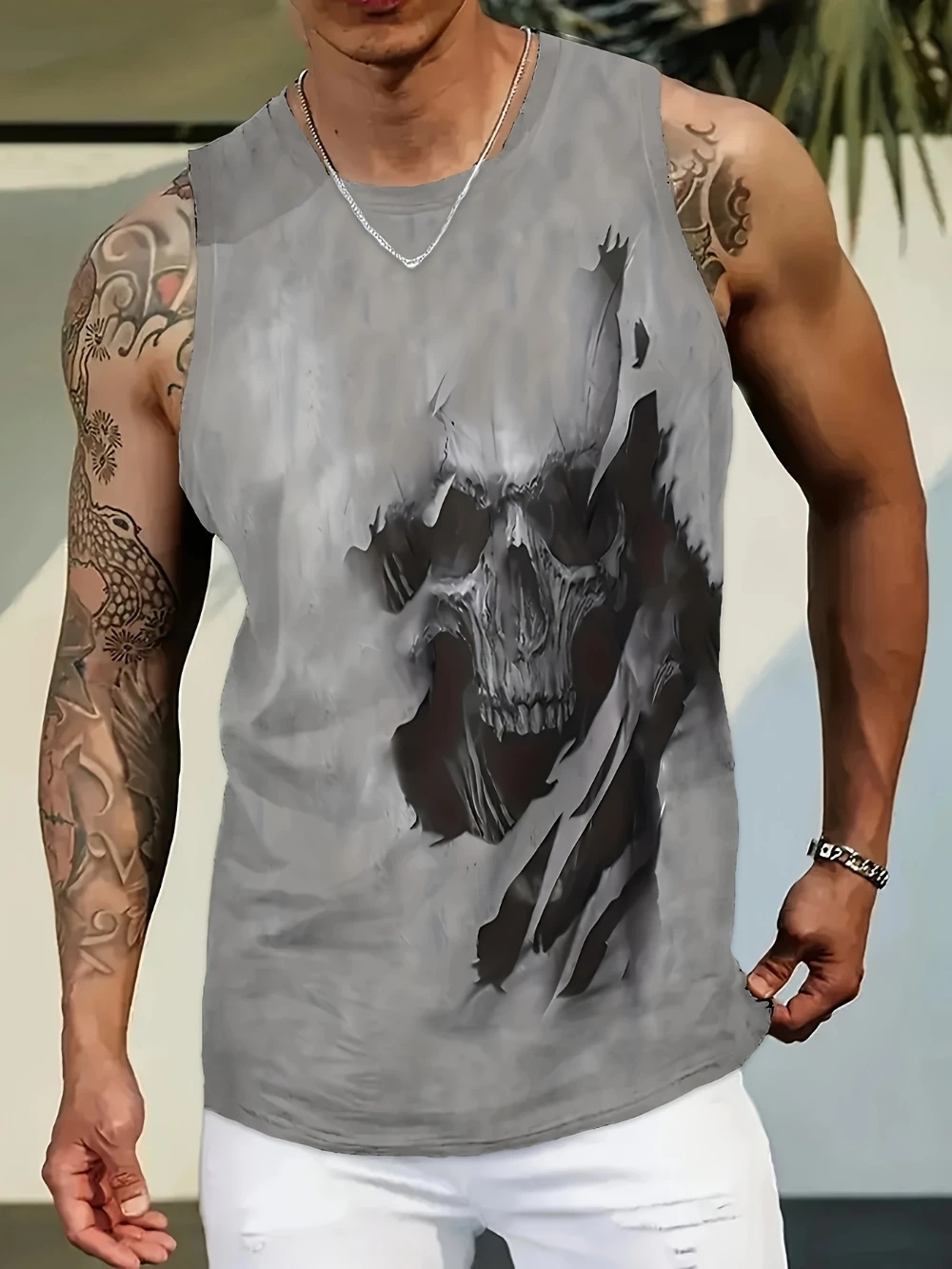 

Men's Summer Sleeveless Vest Skull Pattern Breathable Sweat-Absorbing Fitness Outdoor Sports Vacation Wear