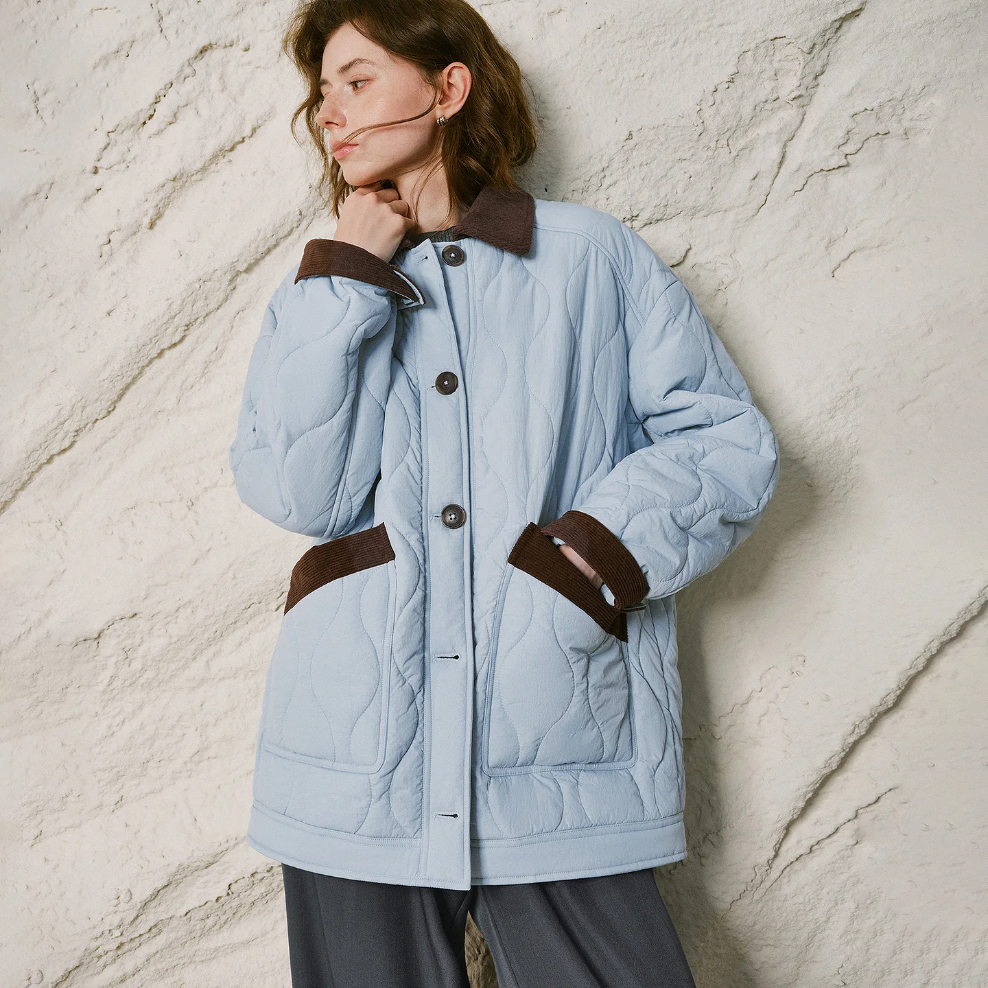 TOYOUTH Women Corduroy Spliced Cotton Coat 2026 Winter New Gourd Quilted Light Warm Lapel Patch Pocket Outerwear