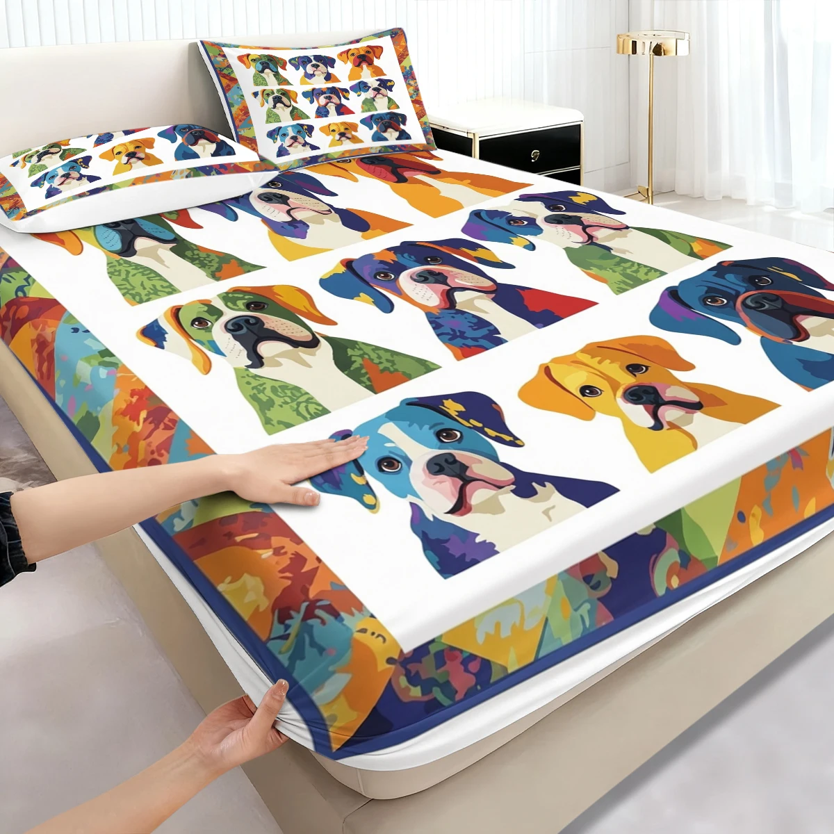 Bright Rainbow Color Block Boxer Dog Fitted Sheet 3PCS,Six Panel Abstract Pop Art Puppy Head Portrait Bed Sheet with Pillowcases