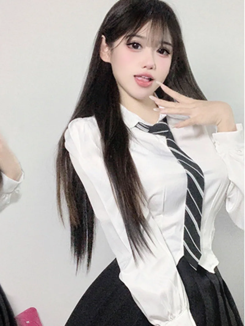 New Women 2025 Sexy College Style Bubble Sleeved Lapel Cinched Waist Shirt+high Waist Pleated Short Skirt Two Piece Set 6F2H