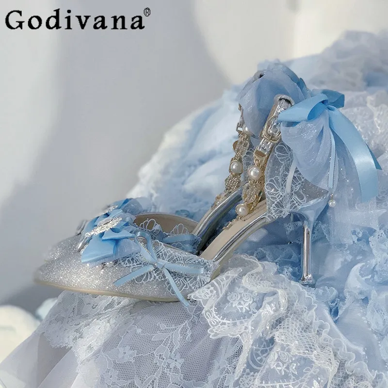 

Sweet and Elegant Japanese Original Lolita High Heels Bow Pearl Lace Edge Pointed Head Shallow Mouth Women's Wedding Shoes