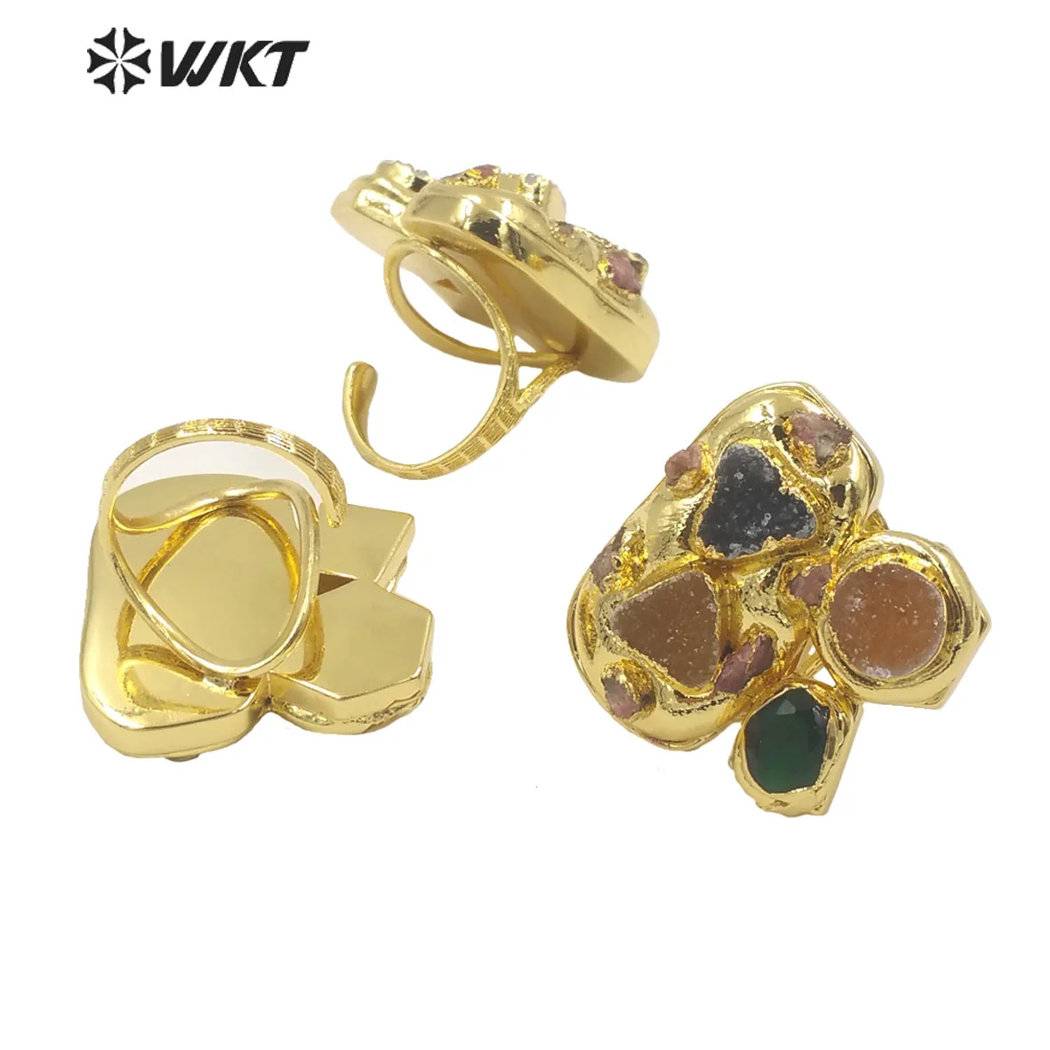 WT-R503 Gorgeous Amazing 18K Gold Plated Resist Tarishable Multi Druzy Agate Stones Big Cocktail Party Ring In Adjustable