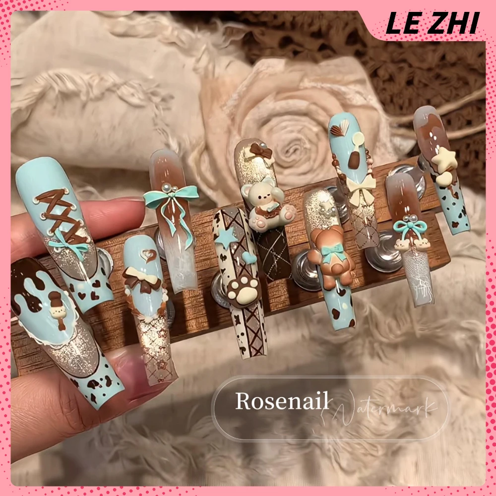 Sweet Kawaii Fashion Cat Bear Handmade Long Coffin Ellipse Fake Nails Bowknot Pearl Diamond Skirt Edge French Press On Nails view 2