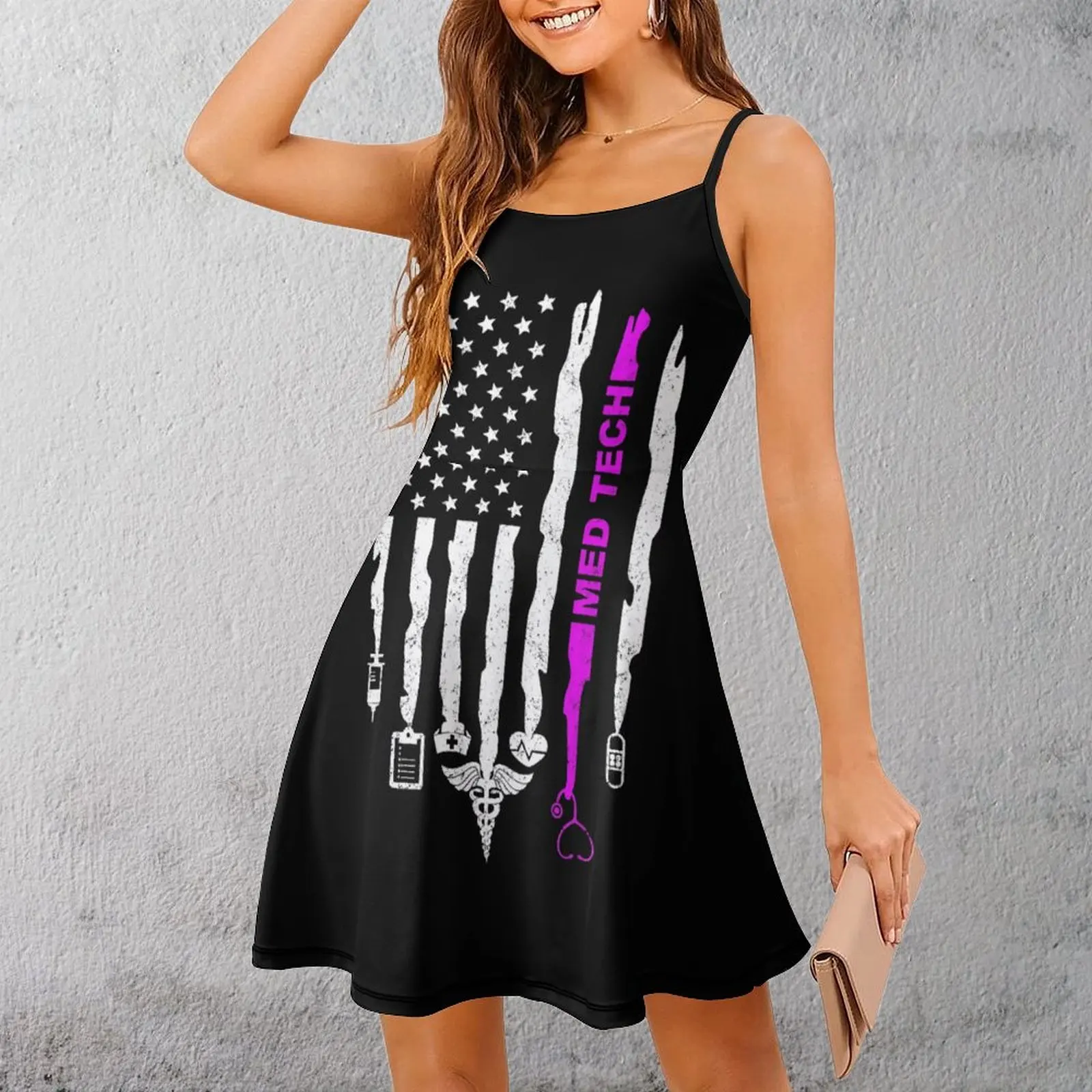 

American Flag MedTech Gear Women's Sling Dress Humor Graphic Strappy Dress Casual Graphic Exotic Woman's Dress Clubs