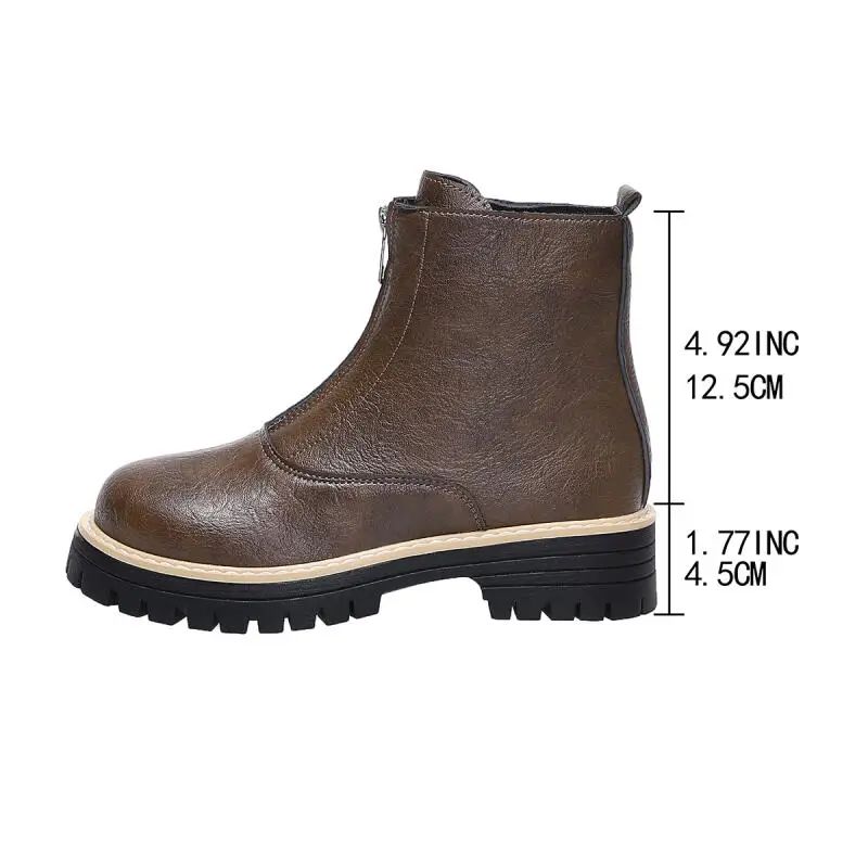 Luxury Metal Zip Decoration Pu Leather Ankle Boots Women 2025 Winter Vintage Thick Bottom Cowboy Boots Woman Short Booties Shoes
