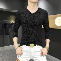 Chinese Style Dragon Carving Slim V-Neck Long Sleeve T Shirt Men Summer New Quality Velour Smooth Comfortable Icy Cool Camisetas