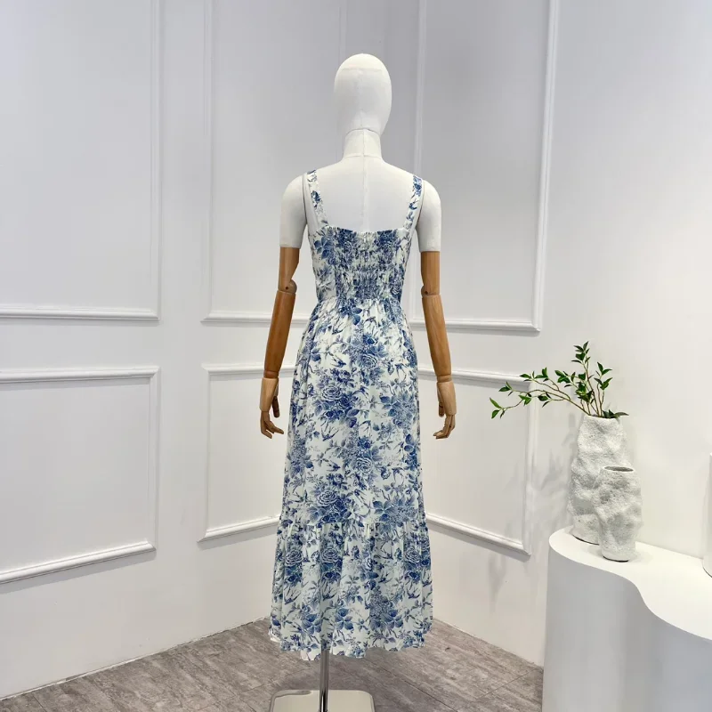 2024 Top Quality New Spring Summer Holiday Style Sky Blue Floral Printing Elegant Midi Tank Dresses Women