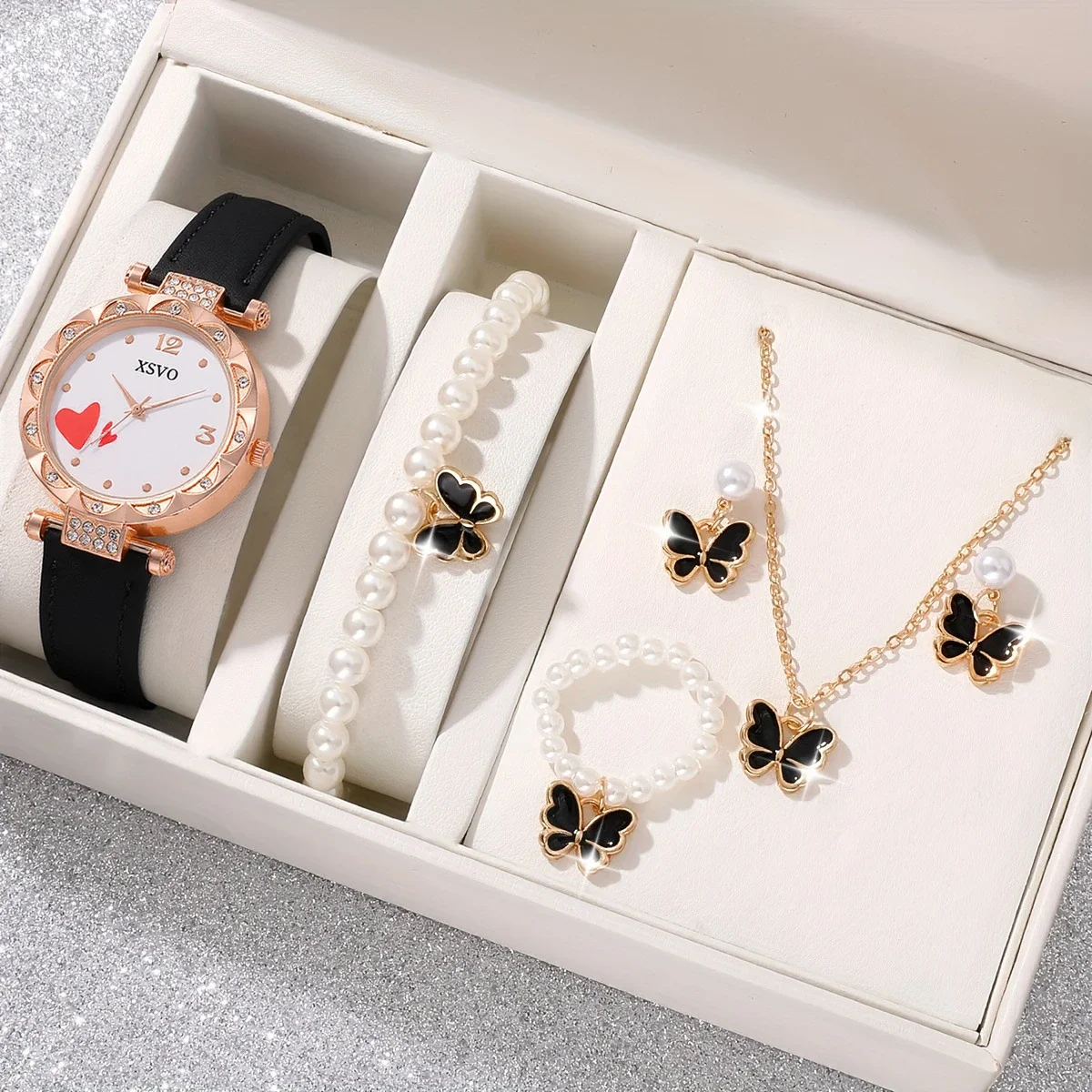 

Женские кварцевые часы, розовое золото, инкрустированные бриллиантами, часы, ожерелье, серьги, браслет, праздничный подарок, модный элегантный комплект ювелирных изделий