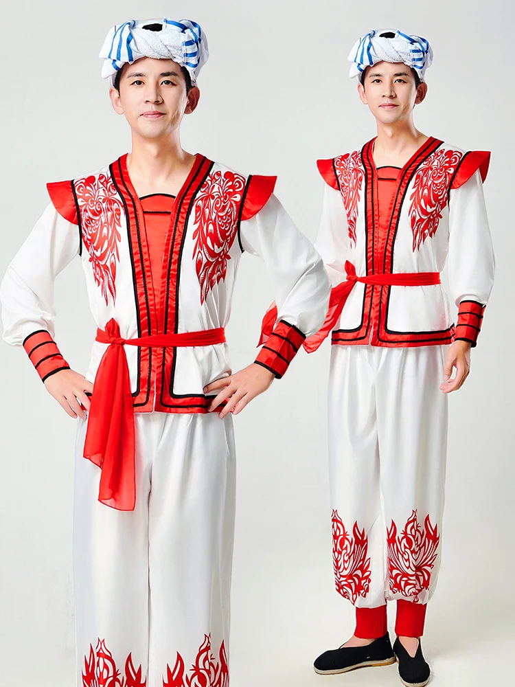 

Мужской костюм для выступлений с танцевальным барабаном Ансе: национальный музыкальный танцевальный наряд с драконом, традиционная этническая сценическая одежда