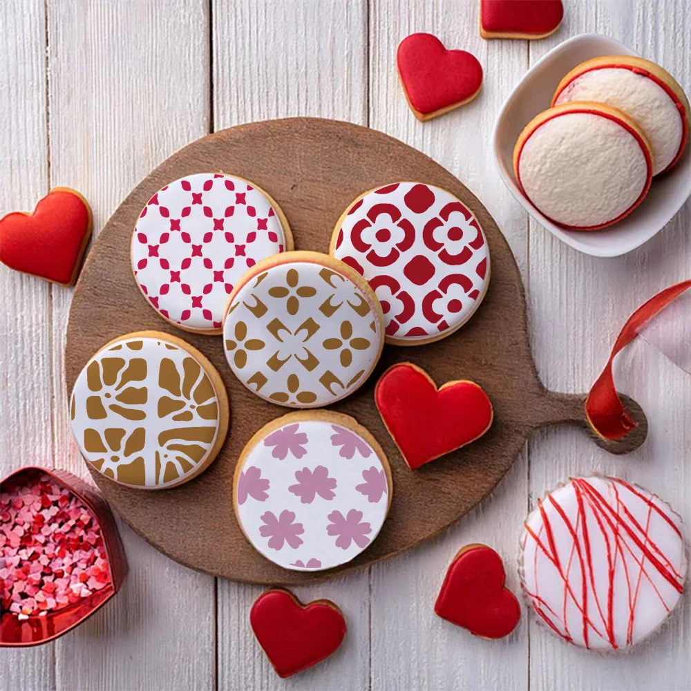 Cake & Cookie Stencils 5Pcs 12x12cm, Crack Flower Geometric PET Templates for Bread Journal Decor