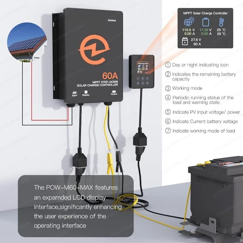 60A MPPT Solar Charge Controller, 10-60V Adjustable Output High Current Regulator for LiFePO4 & Lead Acid Battery Bank