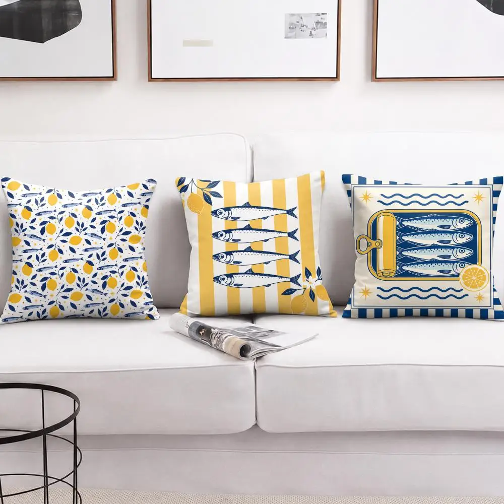 Lemon Sardine Tin Food Art Cushion Cover Short Plush Soft Double-Sided Printing Pillow Case Cozy Sofa Bedroom Home Decor Gift
