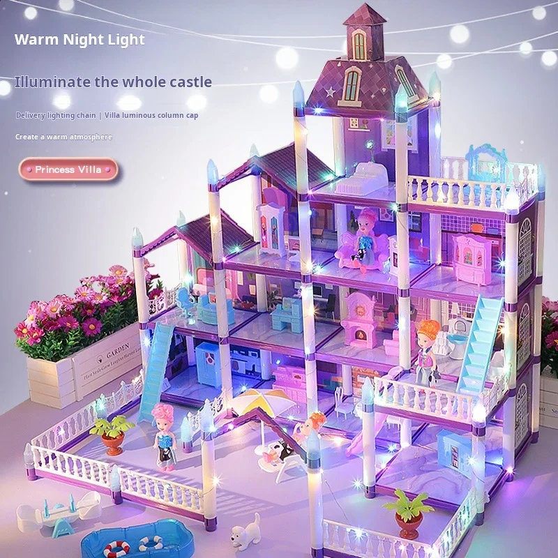 Girls Princess Villa Dollhouse DIY Assembled Multilevel Play House with Furniture Slide Swimming Pool Toy