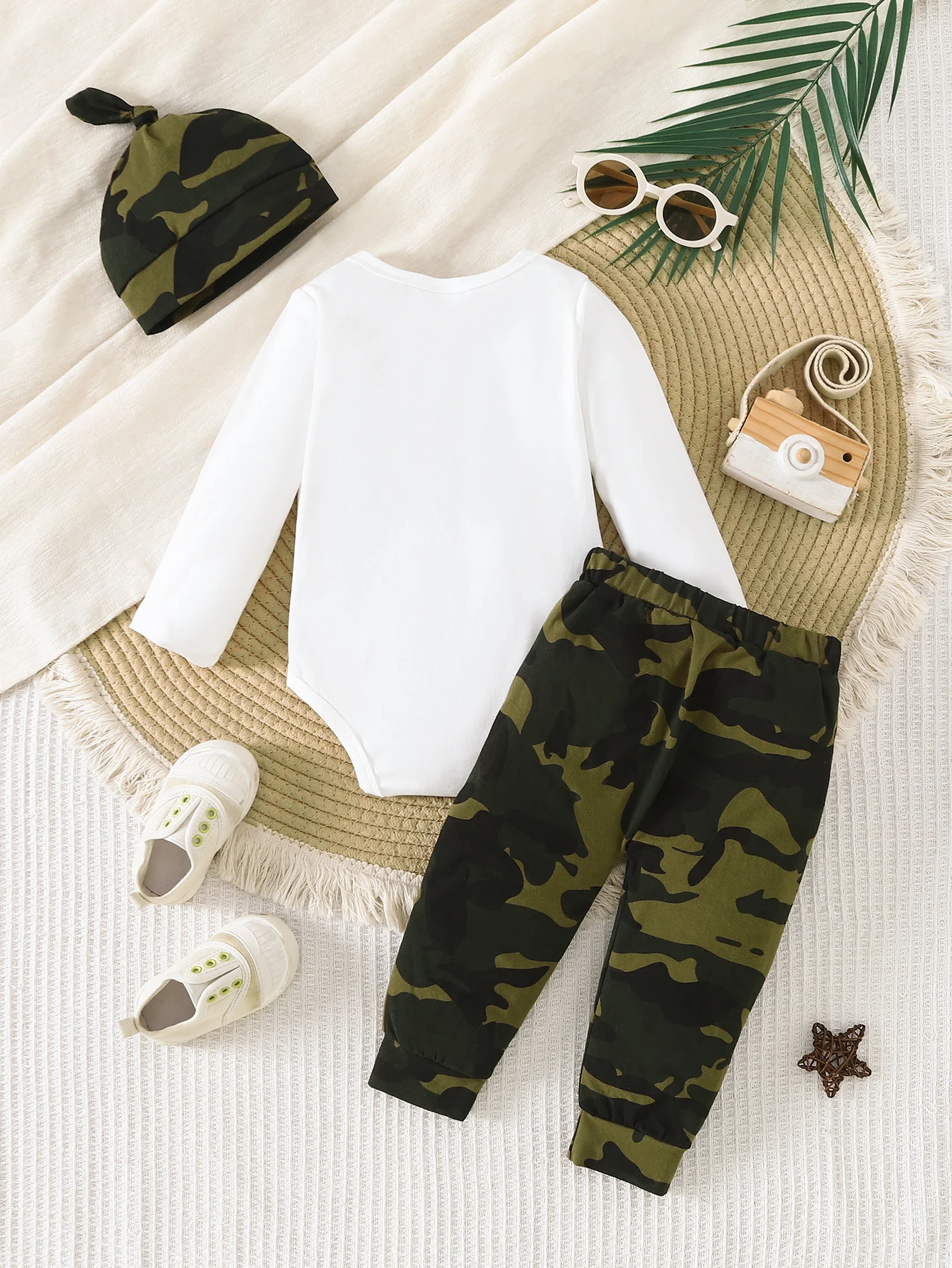 3Pcs Spring Autumn Baby Boy Camouflage Outfit, Gentleman Bow Tie Fake Suspender Romper,Camo Jogger Pants+Knot Hat,Stylish Photo