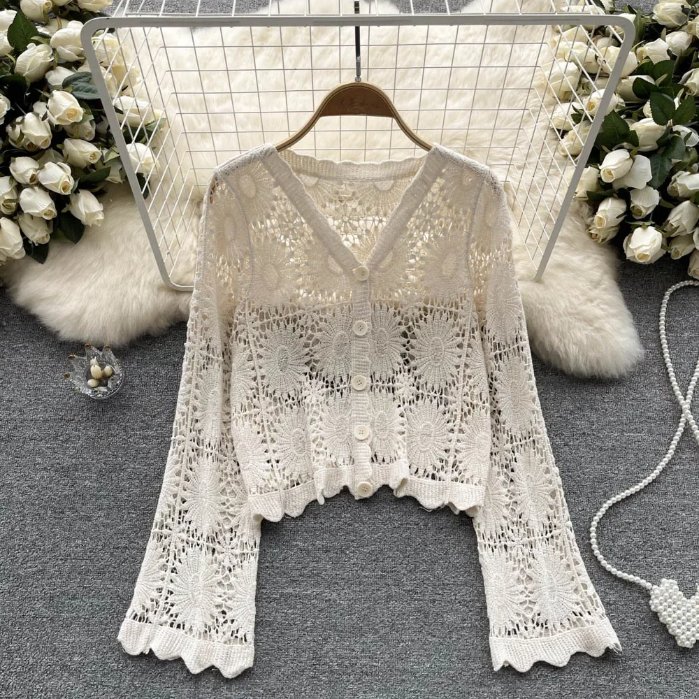 Women Crochet Floral Cardigans Sheer Open Knitted Top Casual Blouse Summer Boho Vacation Outfit