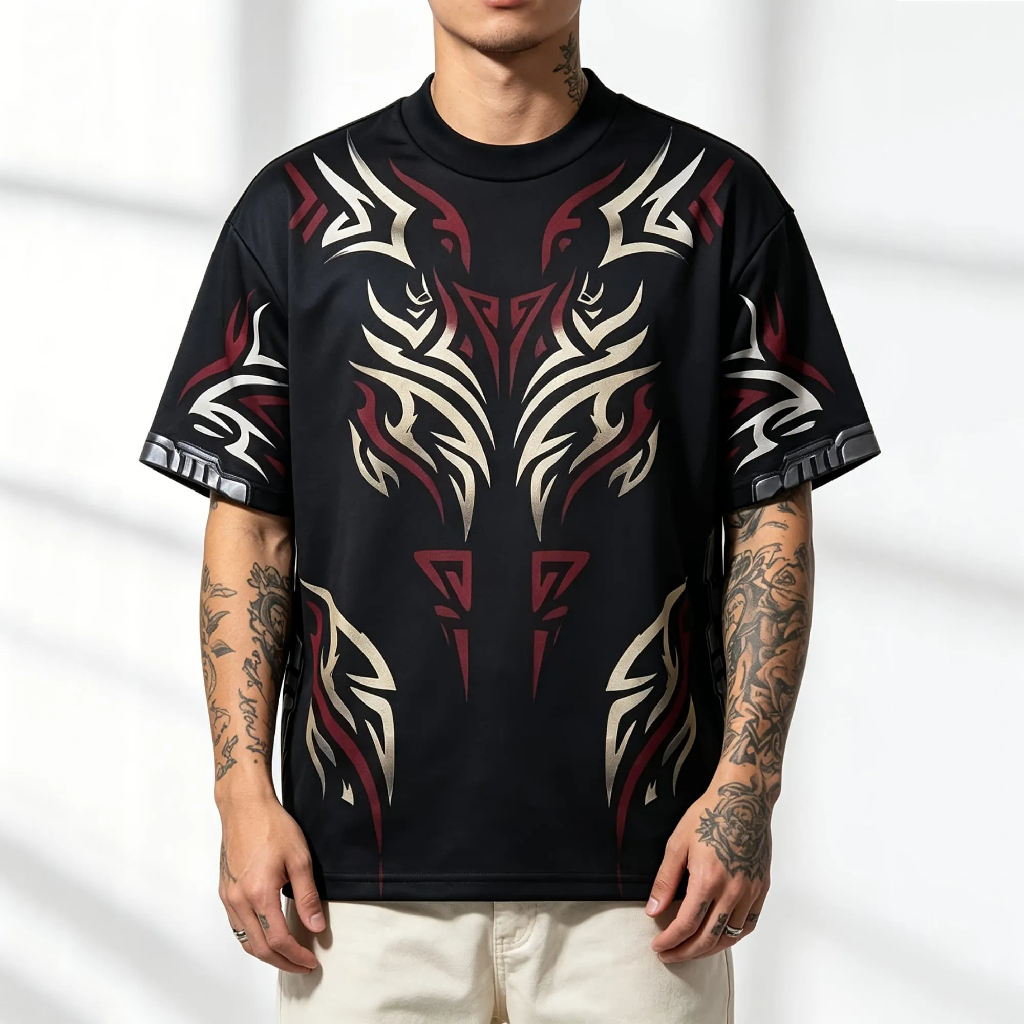 Ethnisches Tribal-Totem-Bestien-Grafikdruck Herren Kurzarm-T-Shirt Rot mit Cremefarbenem Umriss Kontrastierende Dunkle Street-Fashion-Hemden