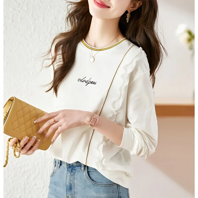 

Spring Fashion Trend Round Neck Solid Color Panel Ruffle Edge Loose all-match Simple Age Reducing Women's Long Sleeve Sweater