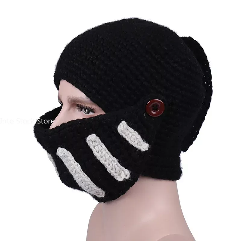 High Quality Winter Roman Knight Knit Hat Face Neck Wind Handmade Cotton Hat Gladiator Masks Cap Beanies Leisure bonnets