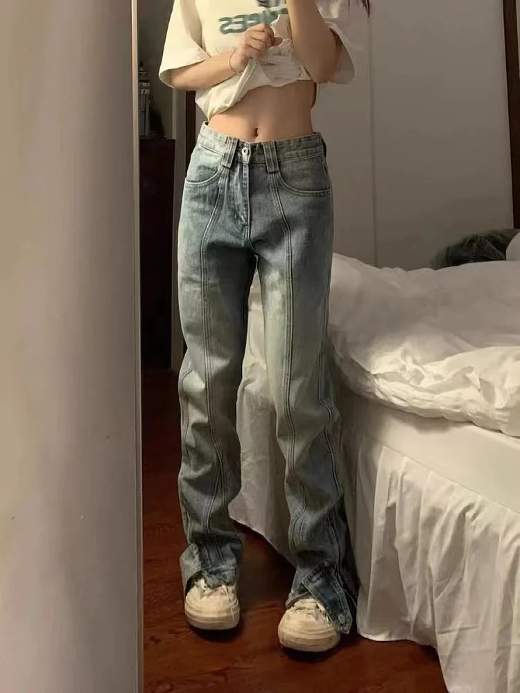 High Waist Zipper Fly Bell Bottom Jeans Women's Spring Autumn New Style Slimming American Micro Flared Split Denim Pants