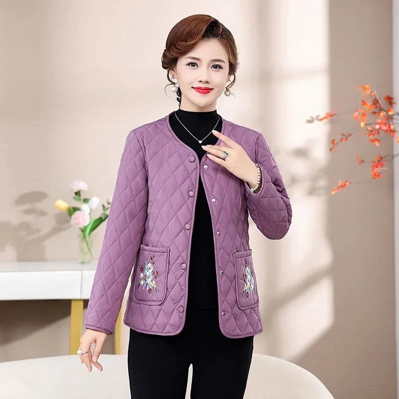 Middle Aged Elderly Women Cotton Padded Coat 2025 New Spring Autumn Winter Jackets Embroidered Lightweight Warm Coats