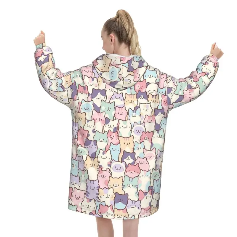 Colorful Cats Wearable Hoodie Blanket Cute Animal Pattern Oversized Flannel Pullover Sweatshirt Women Warm Fleece Sherpa Blanket