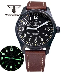 Relógio de mergulho automático Tandorio masculino, vidro safira, PVD preto, pulseira de couro, vidro luminoso verde, 39mm, 200m, NH35A PT5000