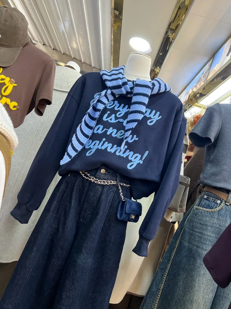 2025 Autumn Winter Women's Crew Neck Sweatshirt With Shawl European Style Letter Embroidery Unique Beautiful Youthful Short Coat