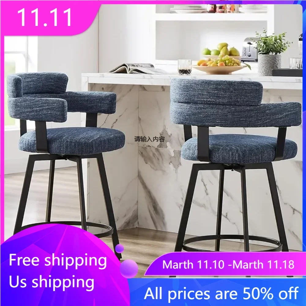 

Counter height bar stool with full backrest rotating bar chair, modern high footed stool,2-piece set, with linen padded backrest