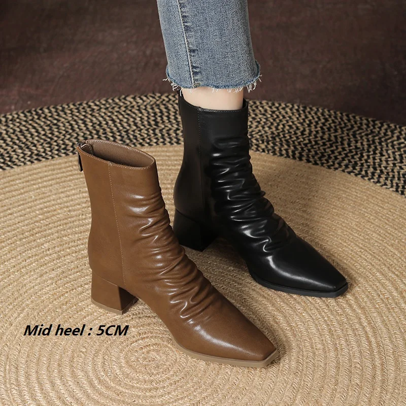 6618-8 High Quality~French Vintage Ruffled Boots Square Head Thick Heel Mid Heel Women's Short Boots