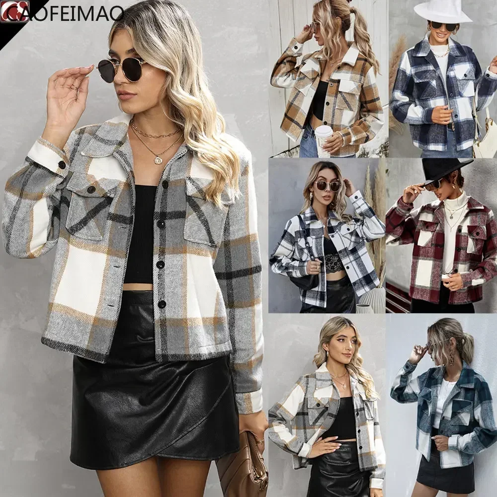 2023 New Winter Jackets Women Coat Lapel Plaid Single-Breasted Woolen Short Coat Autumn Plaid Print Drop Shoulder Crop Overcoat