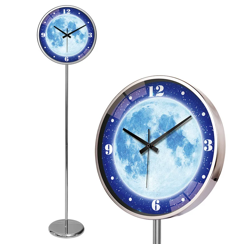 Voice-activated luminous intelligent floor clock, silent standing clock in living room, metal steel desk, starry sky, simple nig