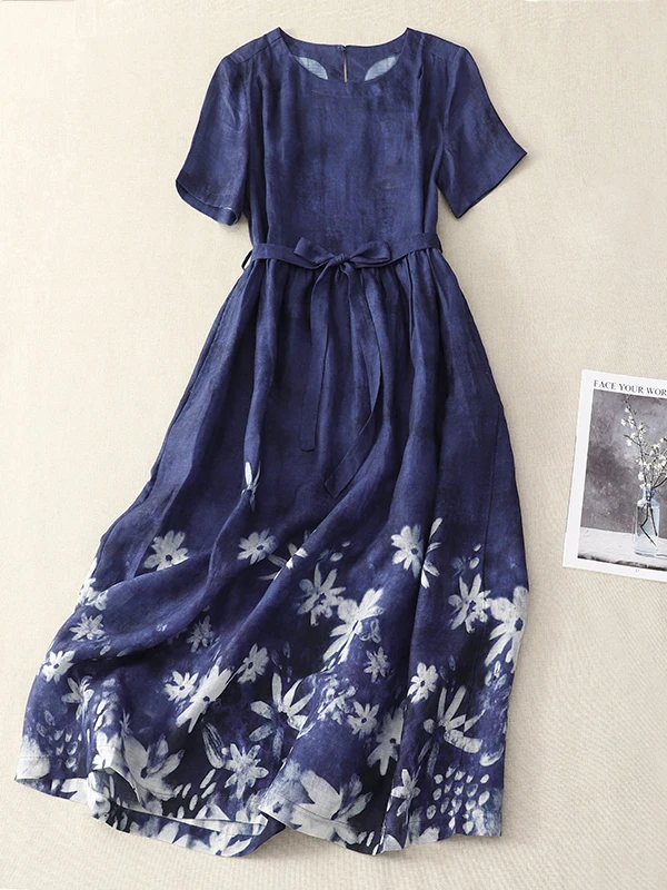 

Большие размеры ort Sve Хлопково-льняное платье с принтом Dr round Ne Commute Художественная простая женская одежда Повседневная трапециевидной формы с высокой талией...