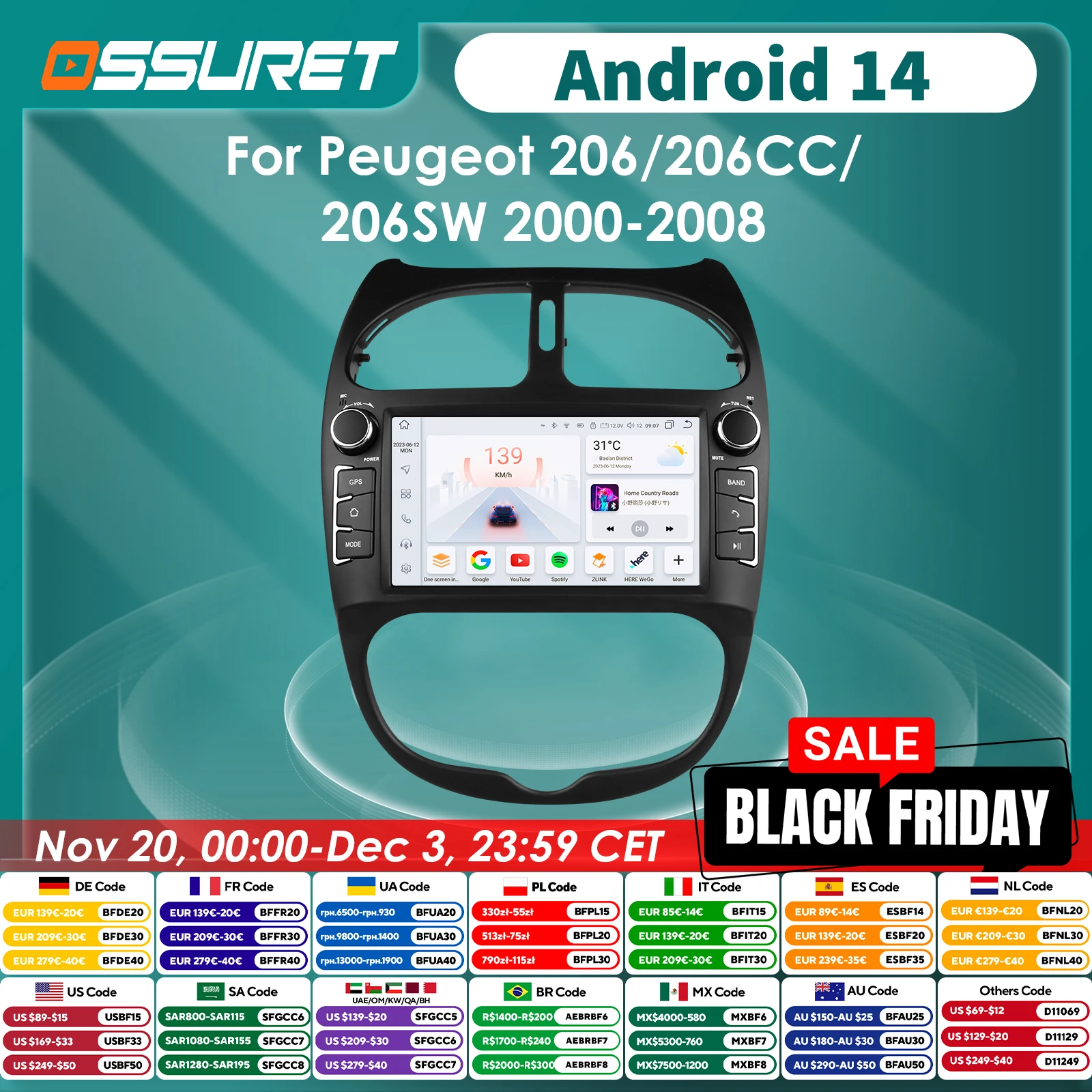 2din Android Autoradio for PEUGEOT 206 206CC 206SW 2002-2008 multimedia player 4G Octa Core HeadUnit 7