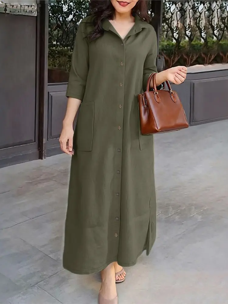 

ZANZEA Women Casual Long Dresses Autumn 2025 Turn-Down Collar Button Up Patch Pocket Side Slit Shirtdress Woman Commute Wear 3XL