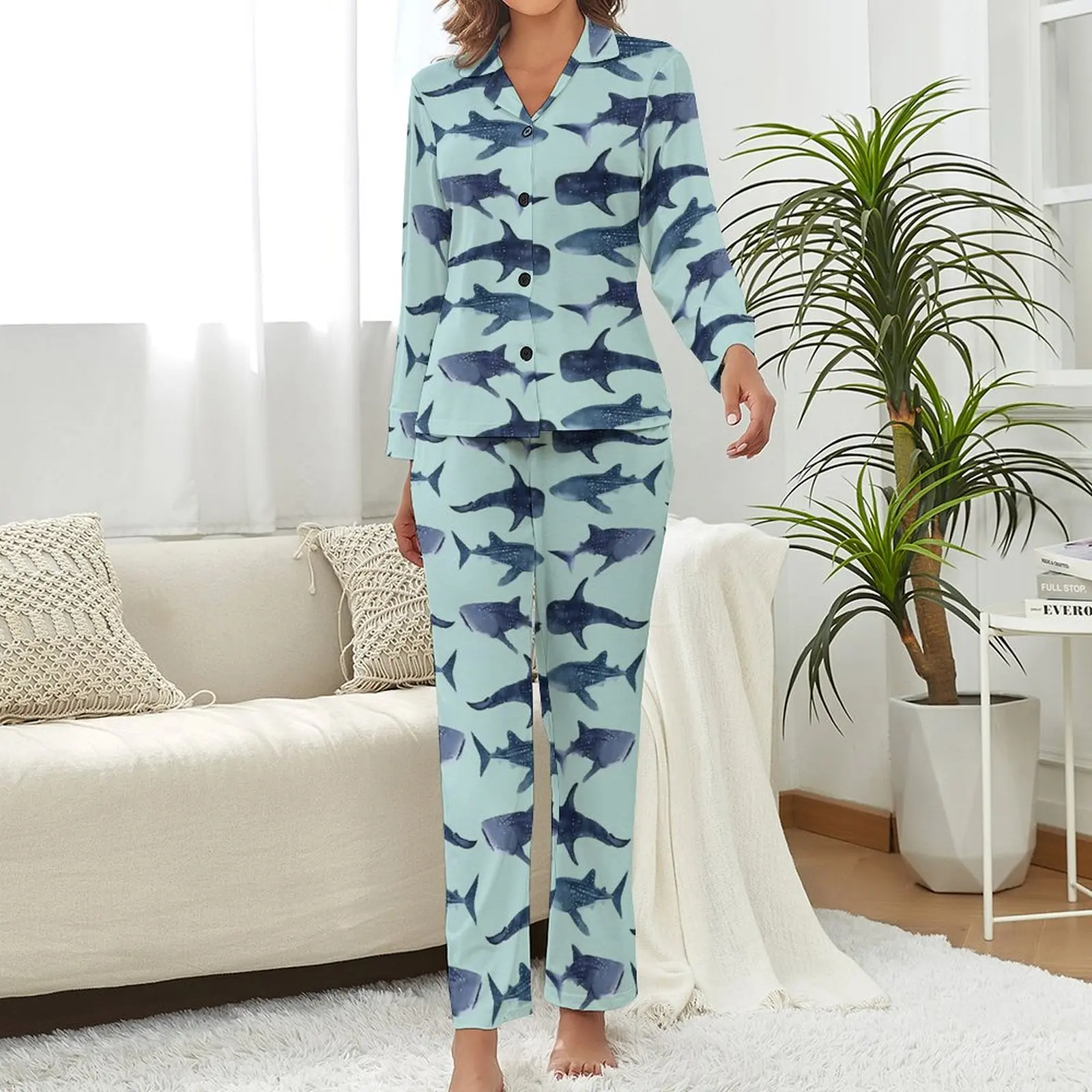 Whale Sharks Pajamas Light Blue Animal Aesthetic V Neck Sleepwear Women 2 Pieces Printed Long Sleeve Cute Pajama Sets