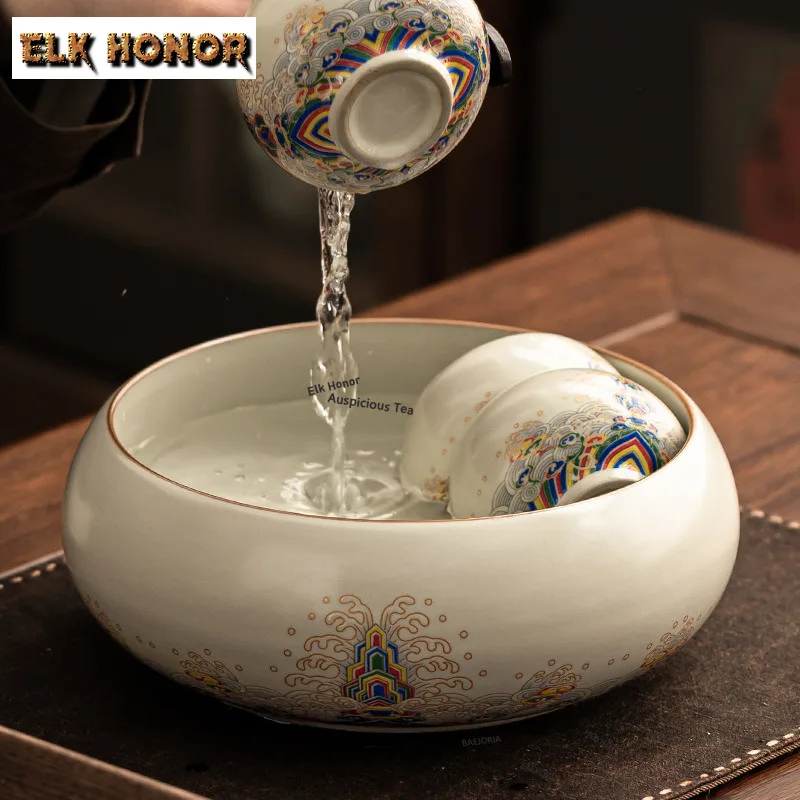 ZAEYORIA Seawater River Cliff Ru Kiln Large Jianshui Tea Cup Wash Writing-brush Washer Tea Residue Barrel Chaxi Supplies Craft