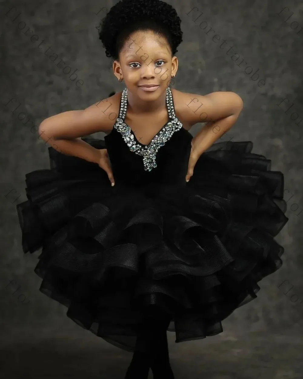 Customized Black Halter Kids Pageant Tutu Dress V Neck Rhinestone Beaded Bodice Multi Layer Ruffle Puffy for Birthday or Wedding