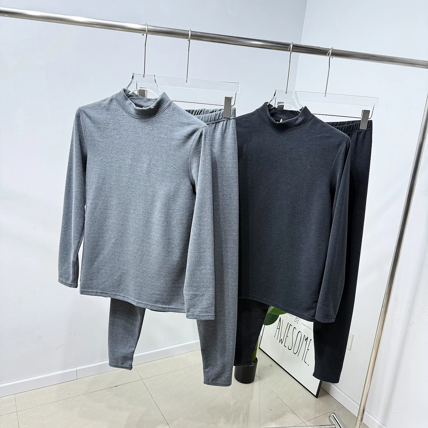 

Warm Half High Neck Underwear Home Clothes Set for Men Pure Color Thermal Suit Long Sleeve Long Pants Small round Neck
