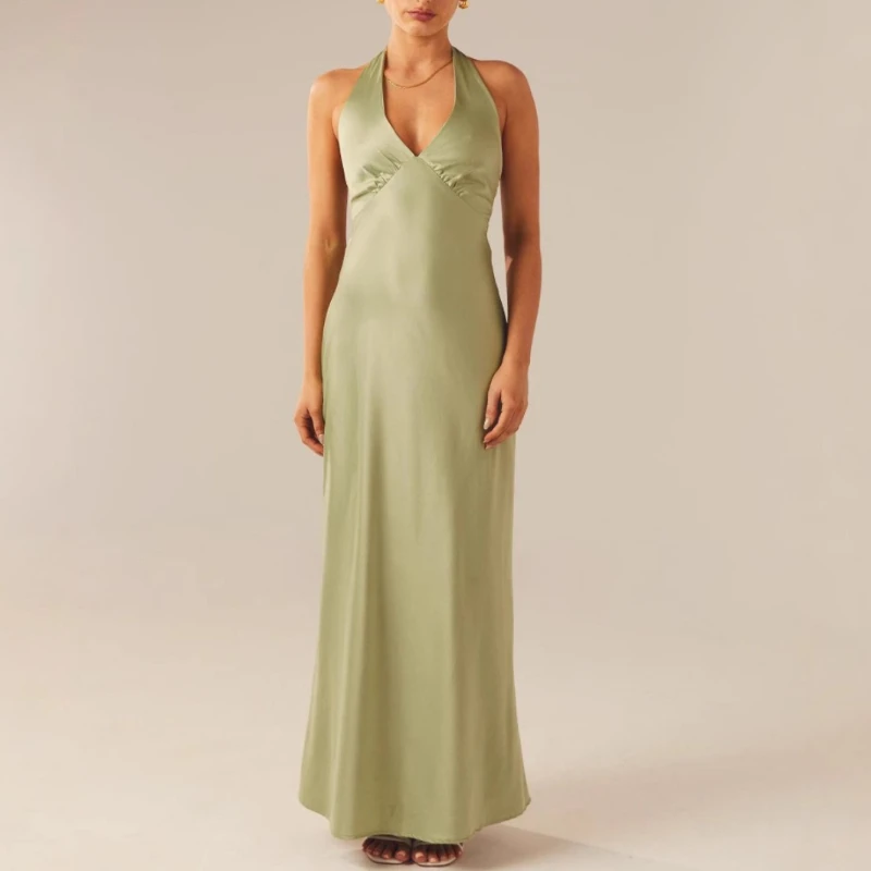 

Women Summer Elegant Sexy V-Neck Straps Backless Tie Up Dress Slim Satin Evening Gown Party Dress Tank Sleeveless Croped Spicy