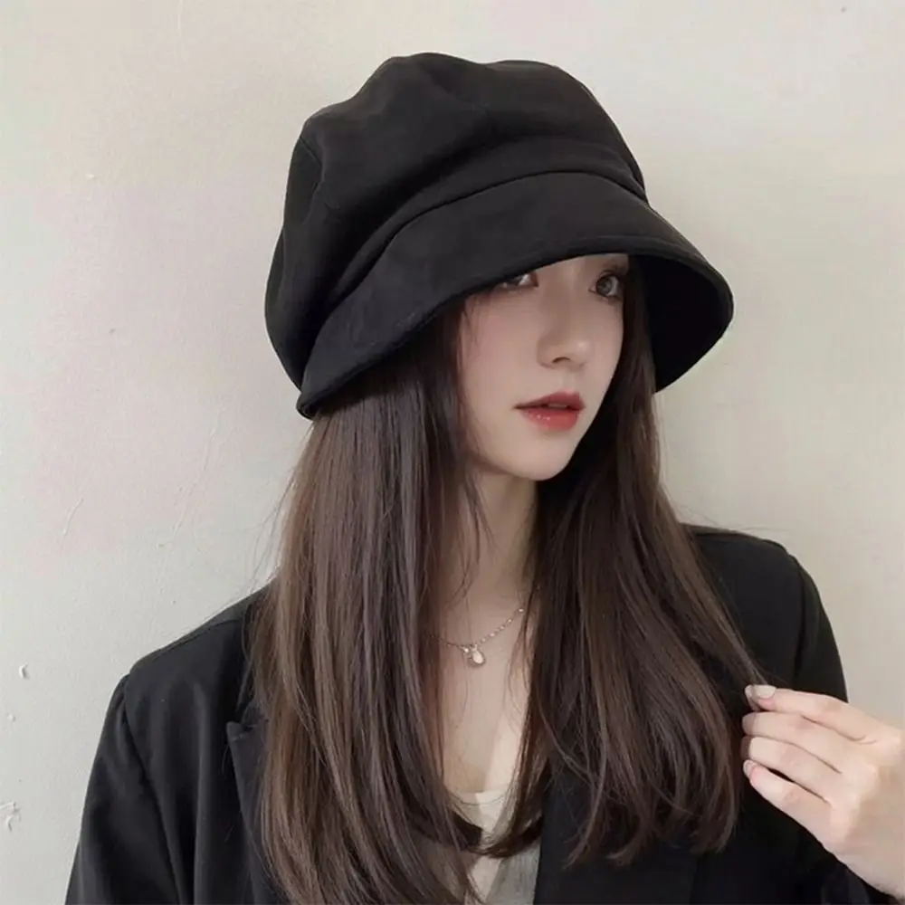 Korean Suede Women Beret Hat Octagonal Sloughy Fisherman Cap Cold Proof Retro Color Winter Bucket Hat Outdoor