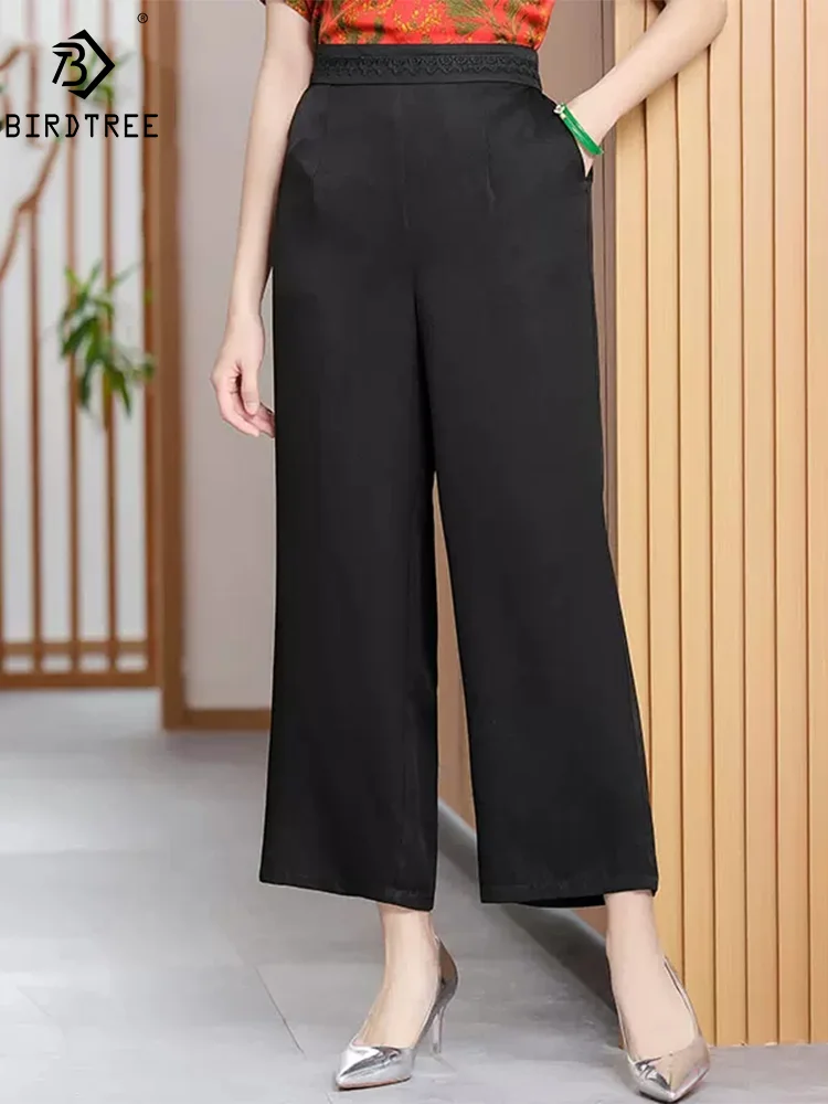 BirdTree, 92% Real Silk Casual Wide Leg Pants, Women's High Waisted, Retro Commute Loose Trousers, 2024 Spring Summer B43024QM