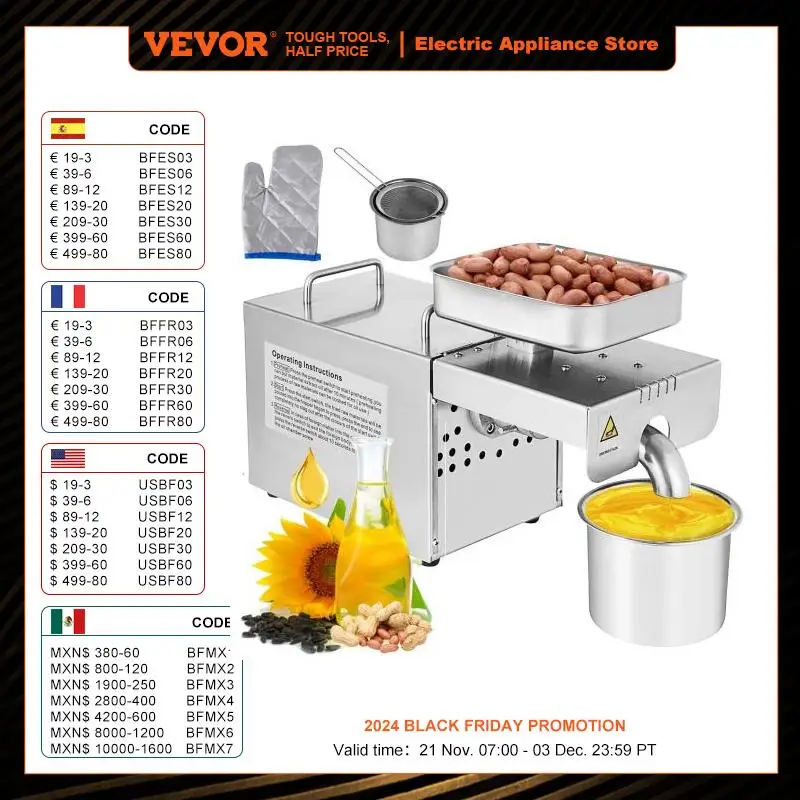 VEVOR Electric Oil Extractor Automatic Oil Press Machine for Home & Commercial Use Sesame Canola Sunflower Seeds Peanuts Walnuts