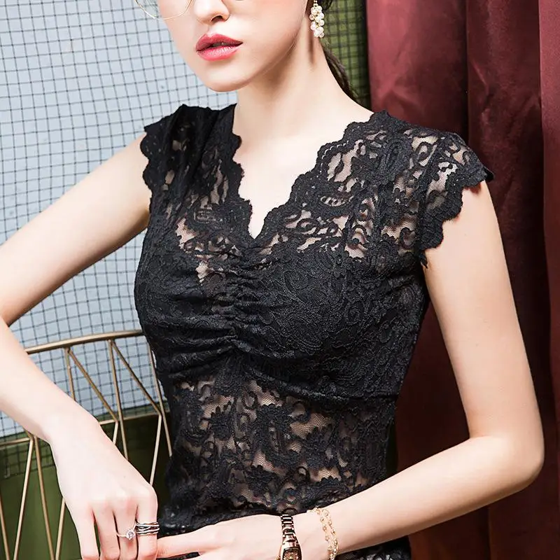 Lace Base Women's Me Vest Collar Ruffle  irt Elastic Fiber Petal Sve V-Ne Regular Length Summer Faion