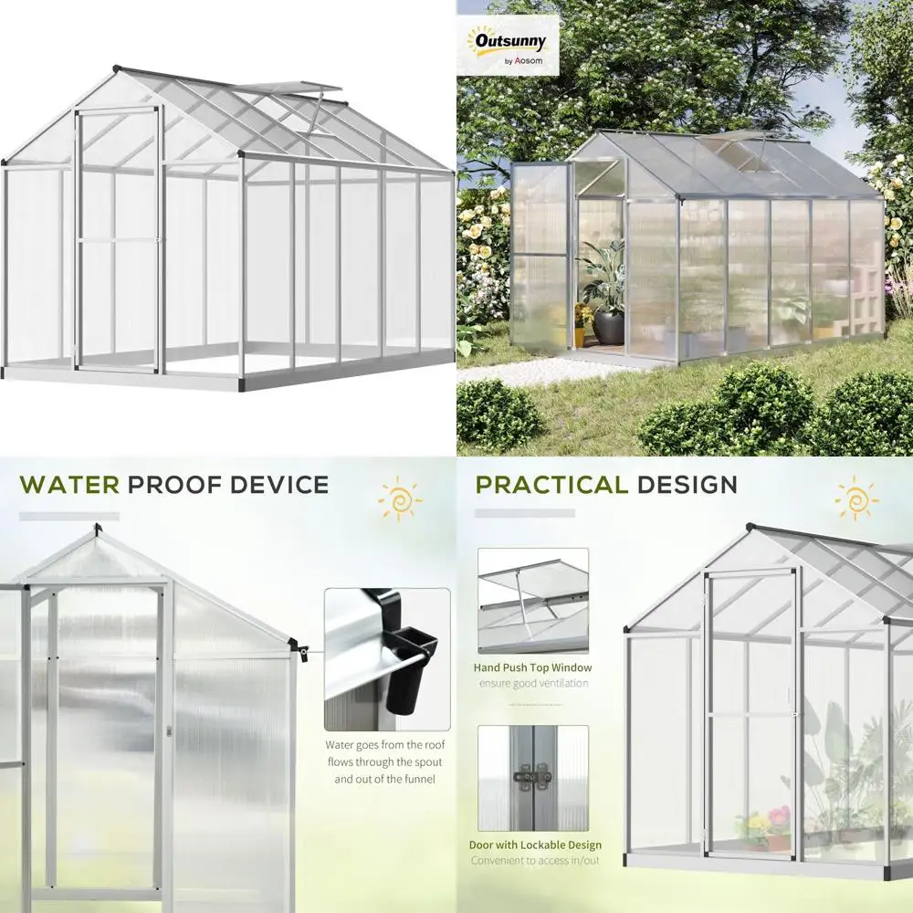 

Walk-in Outdoor Polycarbonate Greenhouse, 10x6ft with Rain Gutter and Roof Vent