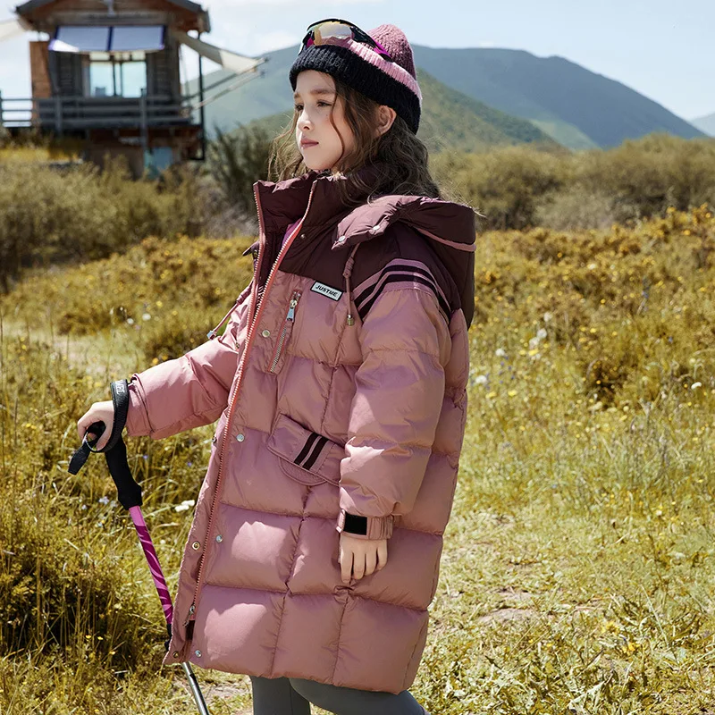 RAISE Kids Winter Duck Down Jacket For Girls Patch Hooded Long Teens Girl Puffer Jacket Coat Girls Parka Outerwear 6 To 13 Years