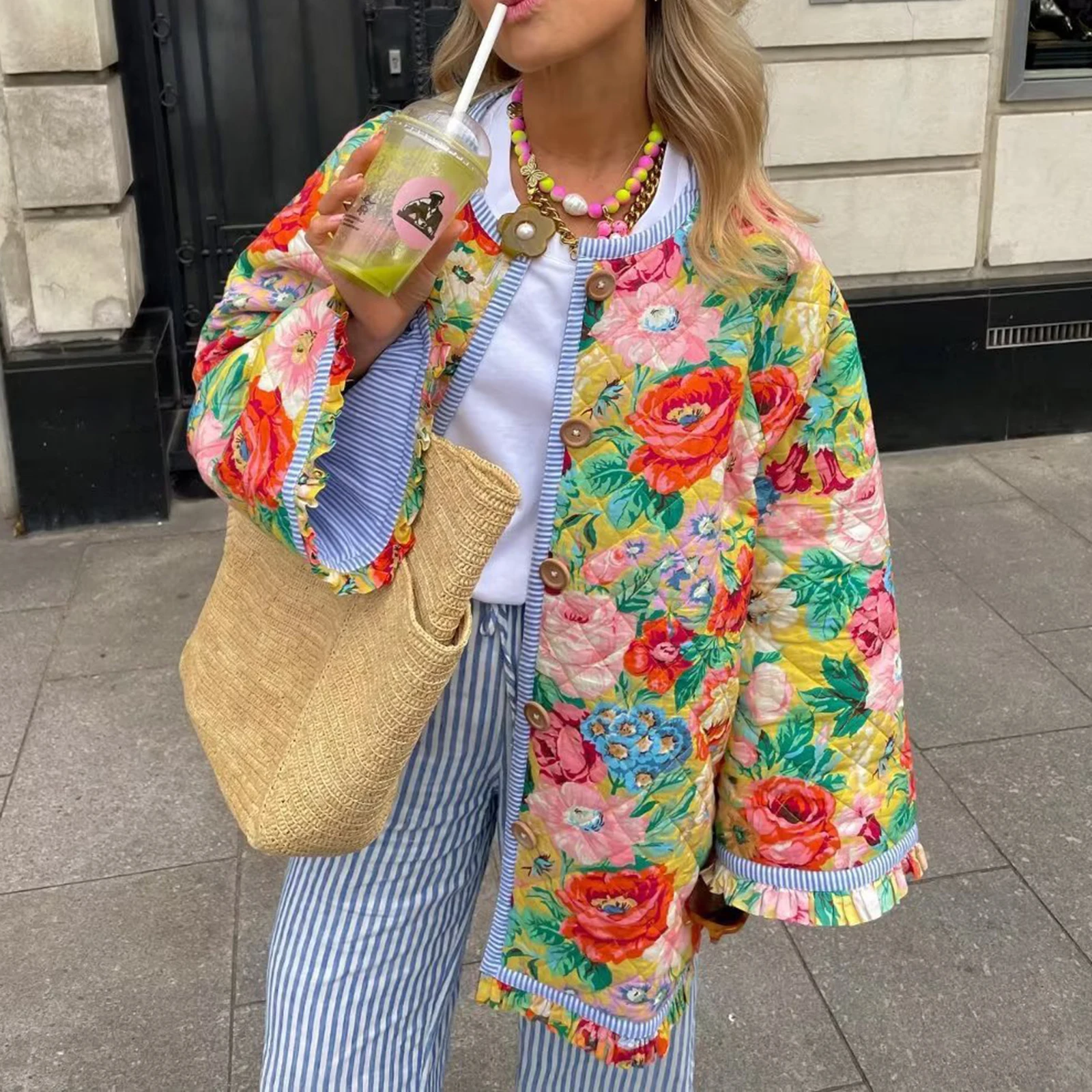 Chaqueta acolchada corta para mujer, abrigo de manga larga con cuello levantado, Floral, ligero, Vintage