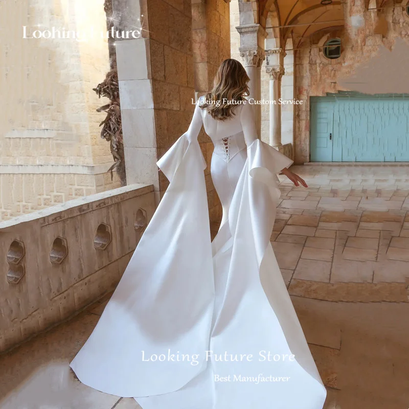 فساتين زفاف كلاسيكية من الساتان العاجي حورية البحر مثيرة بدون حمالات وأكمام مضيئة زي العرائس بدون ظهر مع دانتيل سويب تراين #2