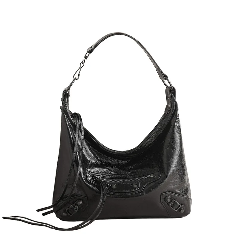 

Вместительная сумка-тоут из натуральной кожи для женщин, для поездок на работу, сумка через плечо, стильная кожаная сумка с заклепками в мотоциклетном стиле